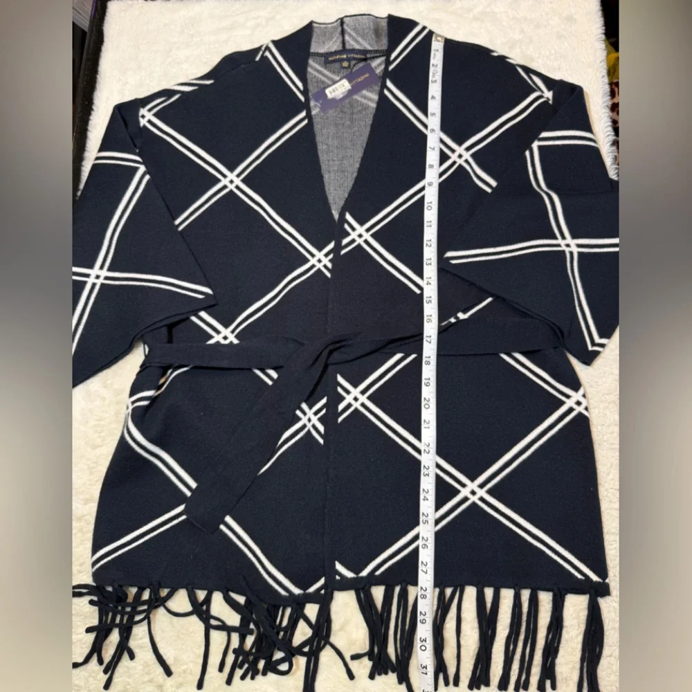 NWT-Adrienne Vittadini black & white diamond pattern open-front belted cardigan - Picture 6 of 6